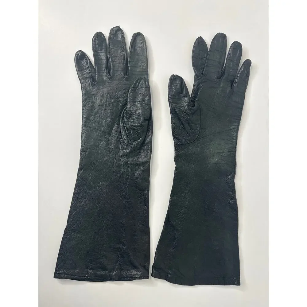 Vintage 50s–60s Alexander’s France Black Leather Silk Lining Opera Gloves size 7